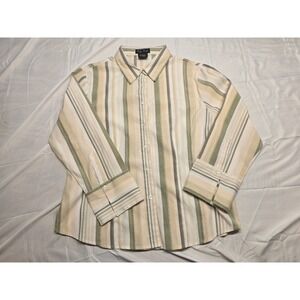 Tip Top Womens Button Up Shirt L Beige Green Striped Long Sleeve Casual Top